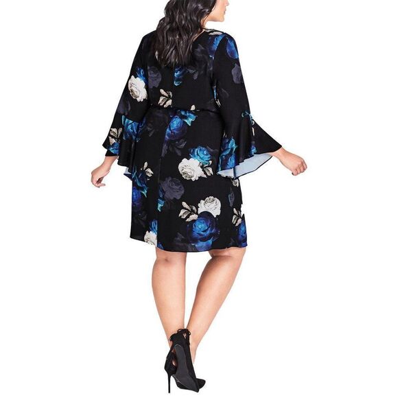 CITY CHIC | Bell Sleeve Tie-Waist Flora Shift Dress -[size 20, Black/Green/Blue] - Picture 2 of 13